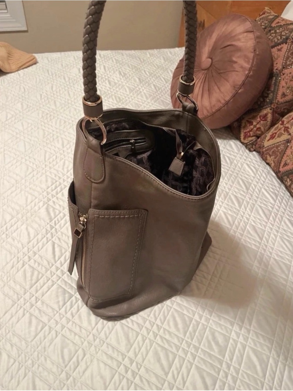 Mystique Grace Taupe Shoulder Bucket Tote Bag - Women